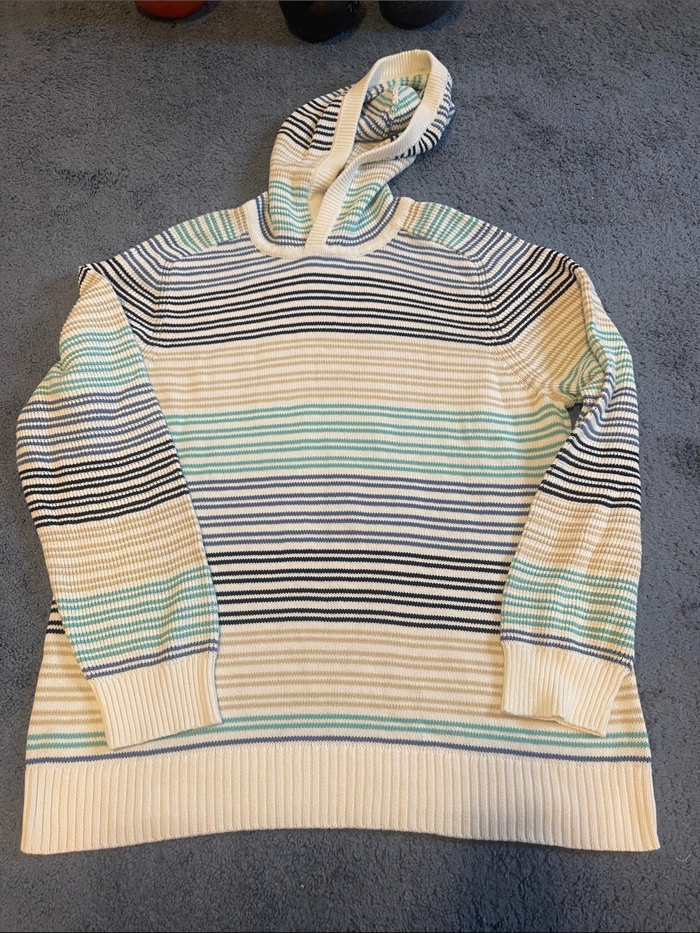 L.L. Bean Striped Hooded Sweater in Cream, Aqua, and Navy
